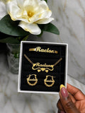 The Reigning Name Sets featuring personalized jewelry with the name Raelon in gold color.