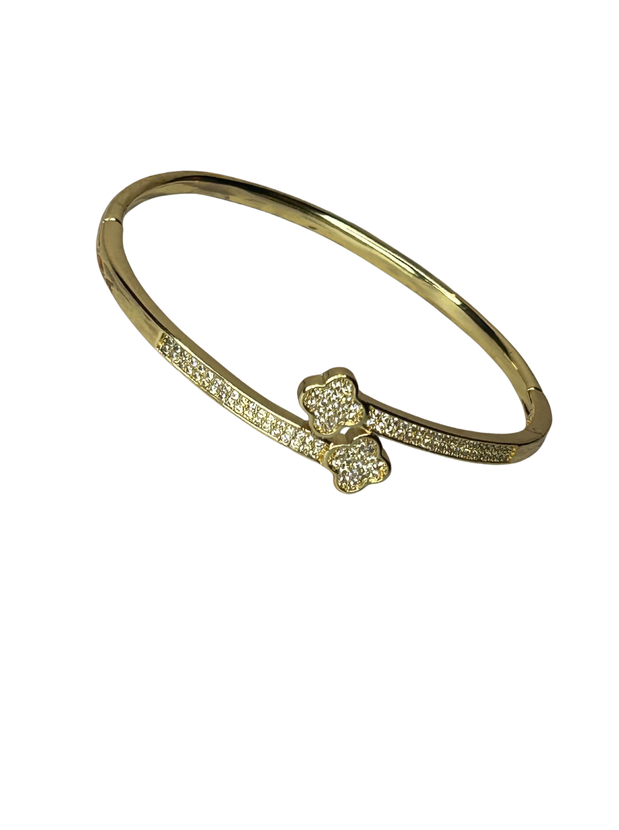 Gold Pave Clover Bypass Bangle Bracelet