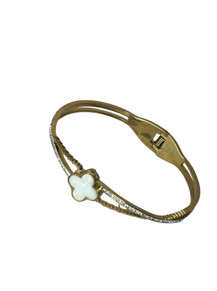 Gold White Mother of Pearl Clover Crossover Cuff Bracelet
